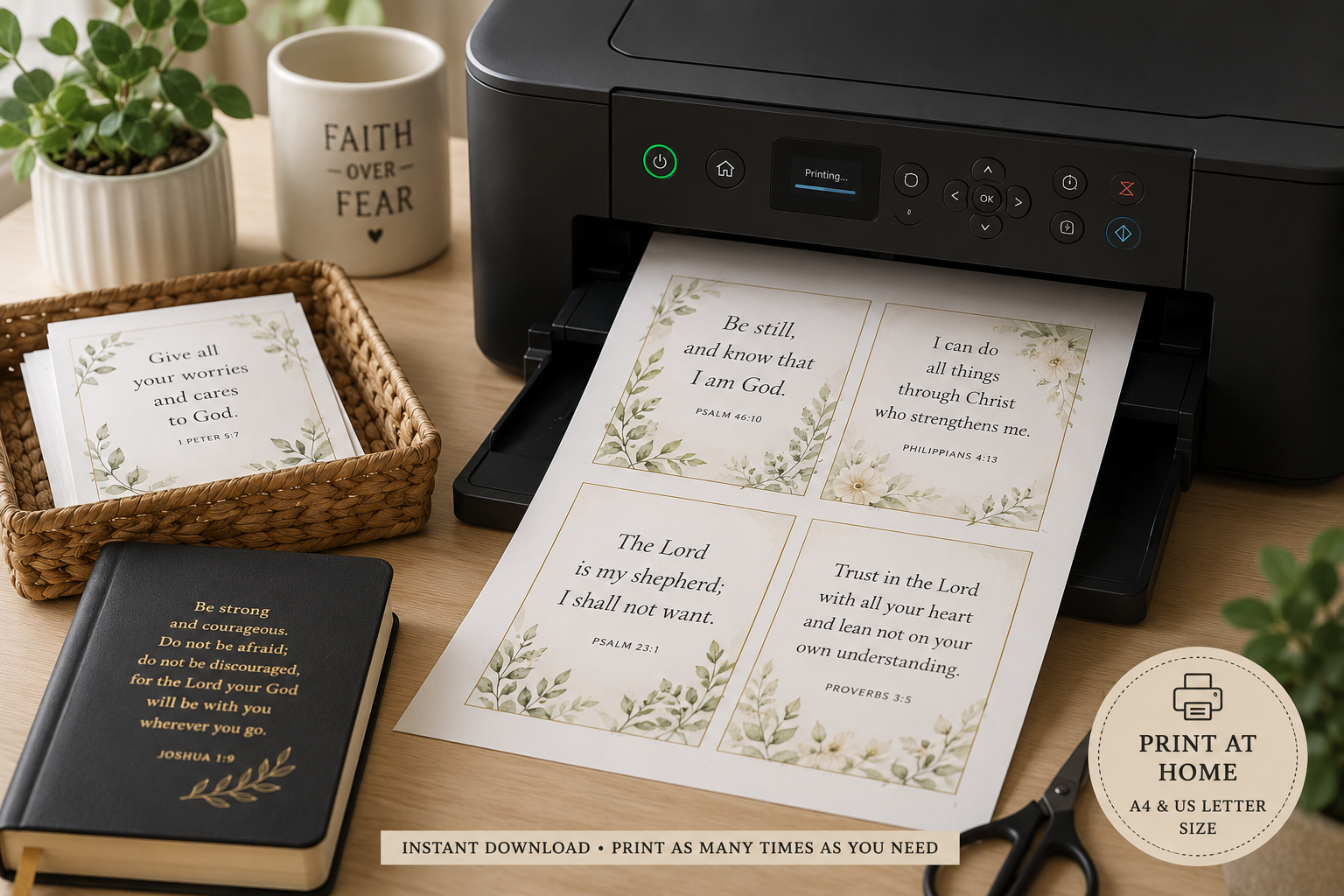 Printable Bible verse cards being printed at home on a desktop printer