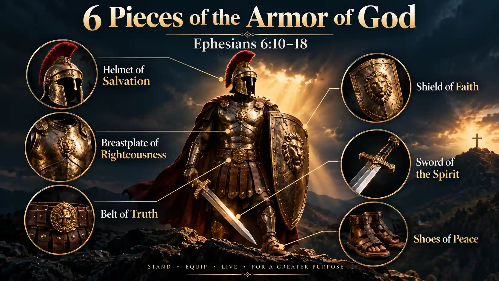 6 pieces of the Armor of God from Ephesians 6 infographic showing truth righteousness peace faith salvation and the Word of God