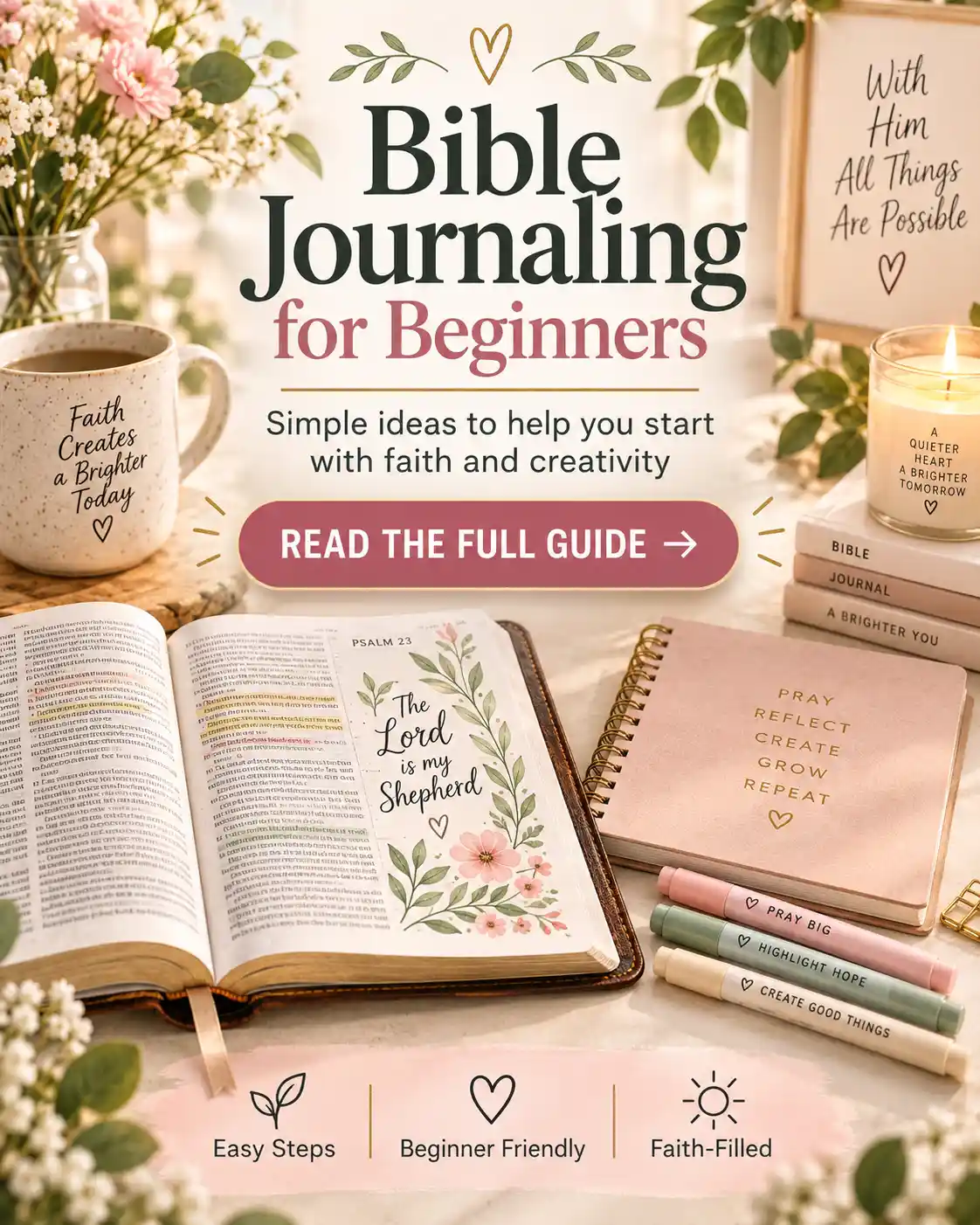Best Bible journaling supplies including pens, highlighters, washi tape, stickers, journal and open Bible
