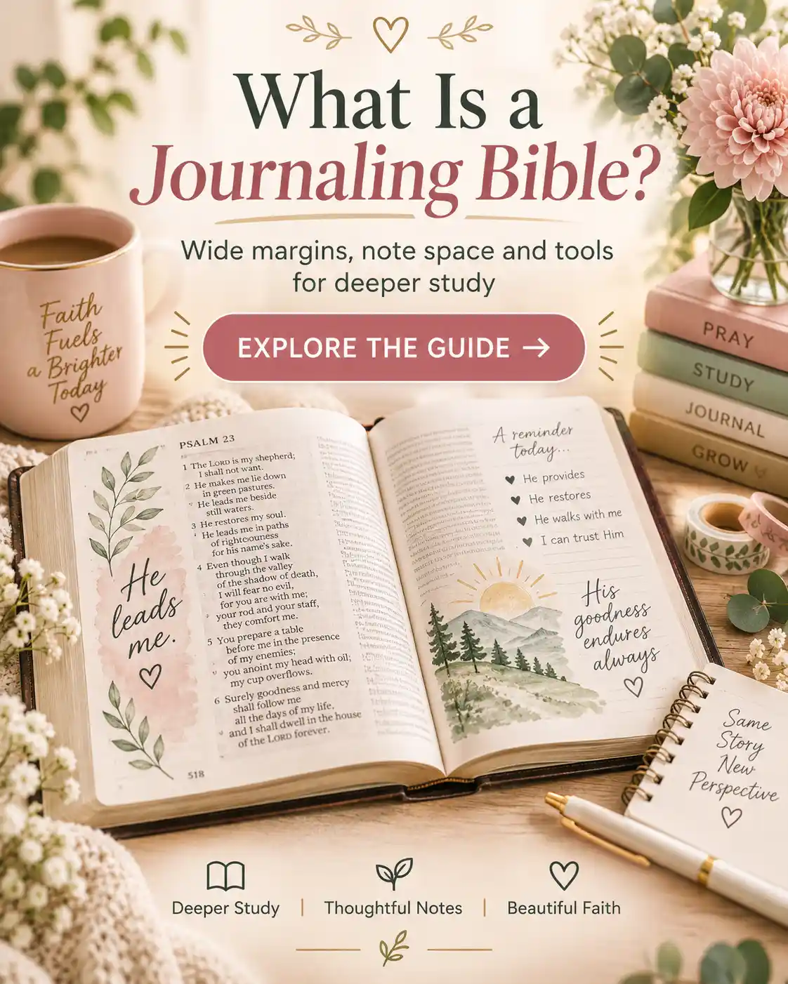 Bible journaling for beginners with open Bible, journal, pens and simple beginner journaling ideas