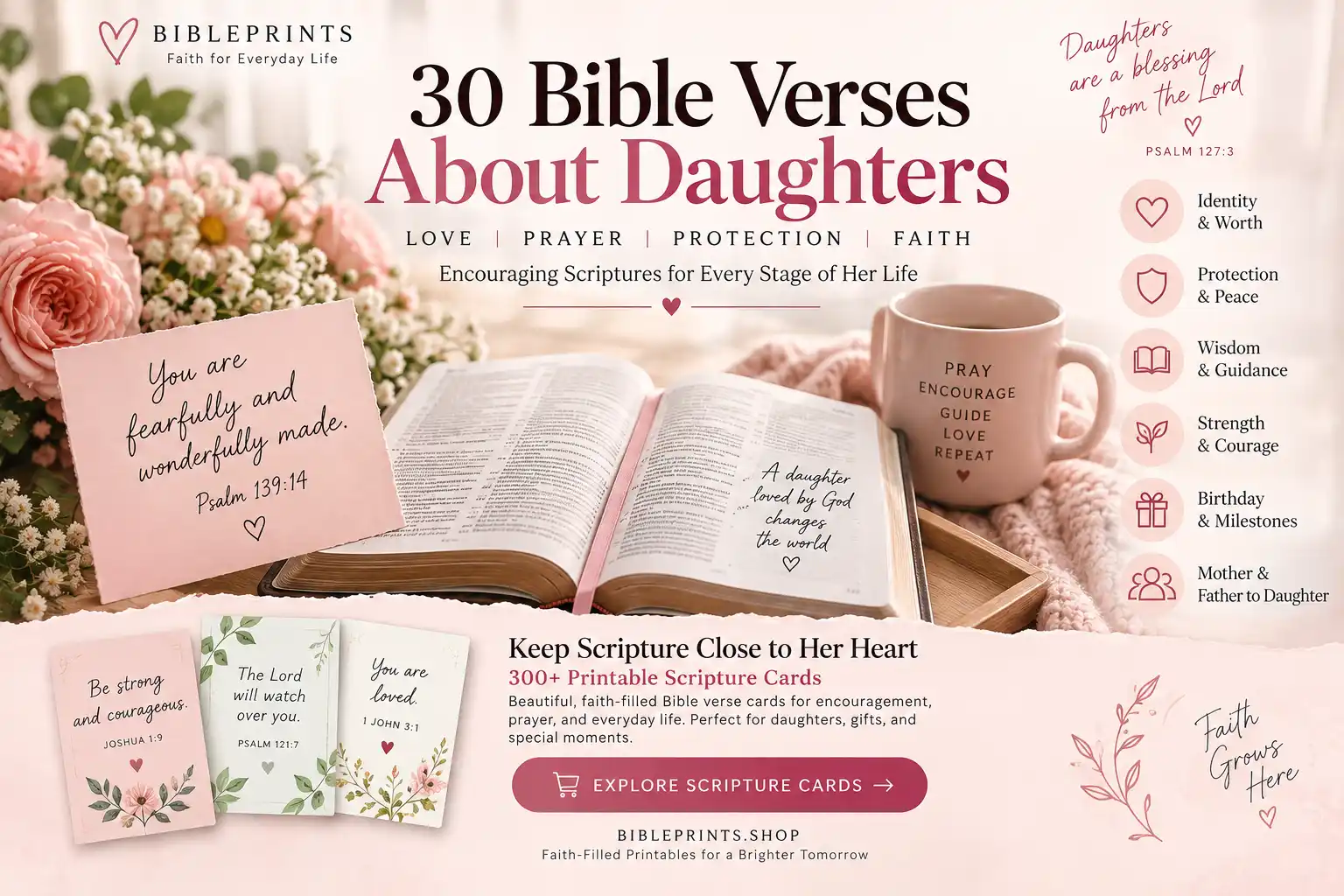 Bible verses for daughters with printable Scripture cards for prayer, encouragement, birthdays and gifts
