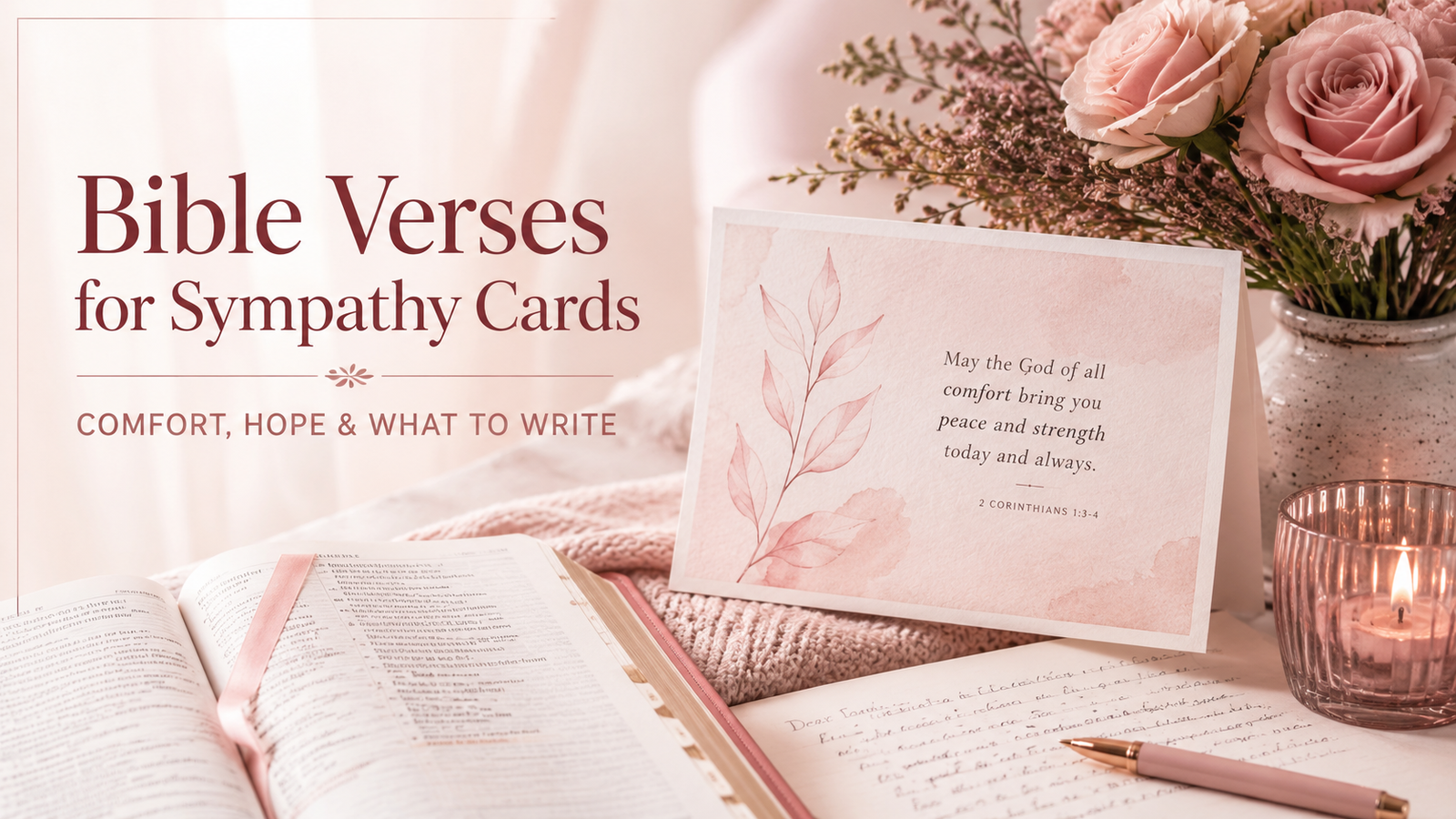 Bible verses for sympathy cards with a Christian condolence card, open Bible, flowers and candle