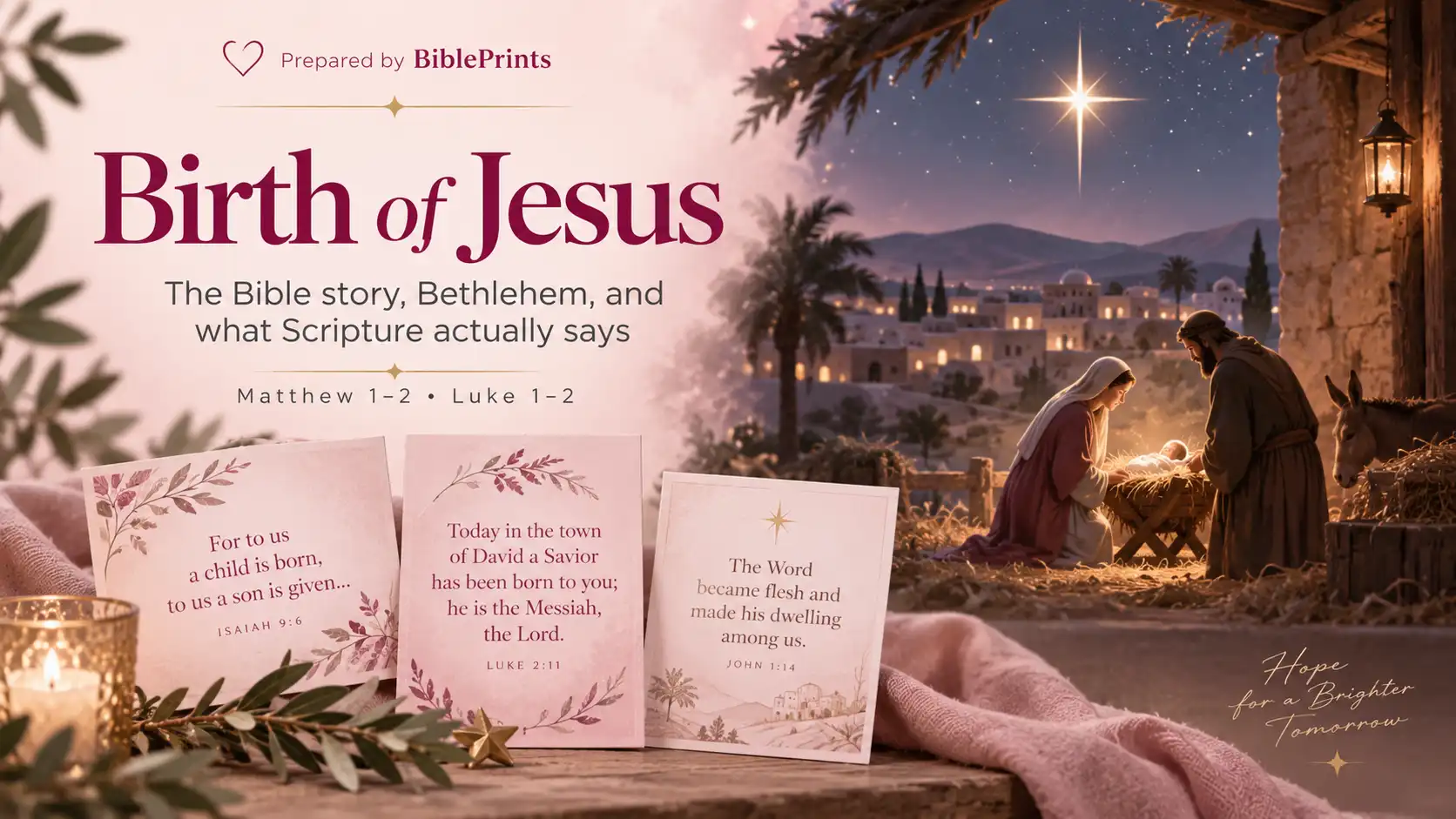 Birth of Jesus Bible story in Bethlehem with Mary, Joseph, and Jesus laid in a manger