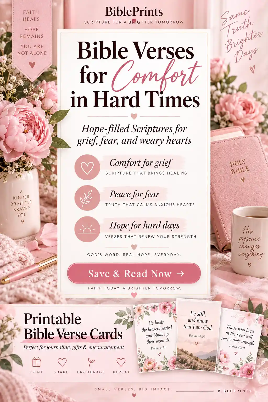 Printable comforting Bible verse cards for grief, peace and encouragement in a pink BiblePrints design