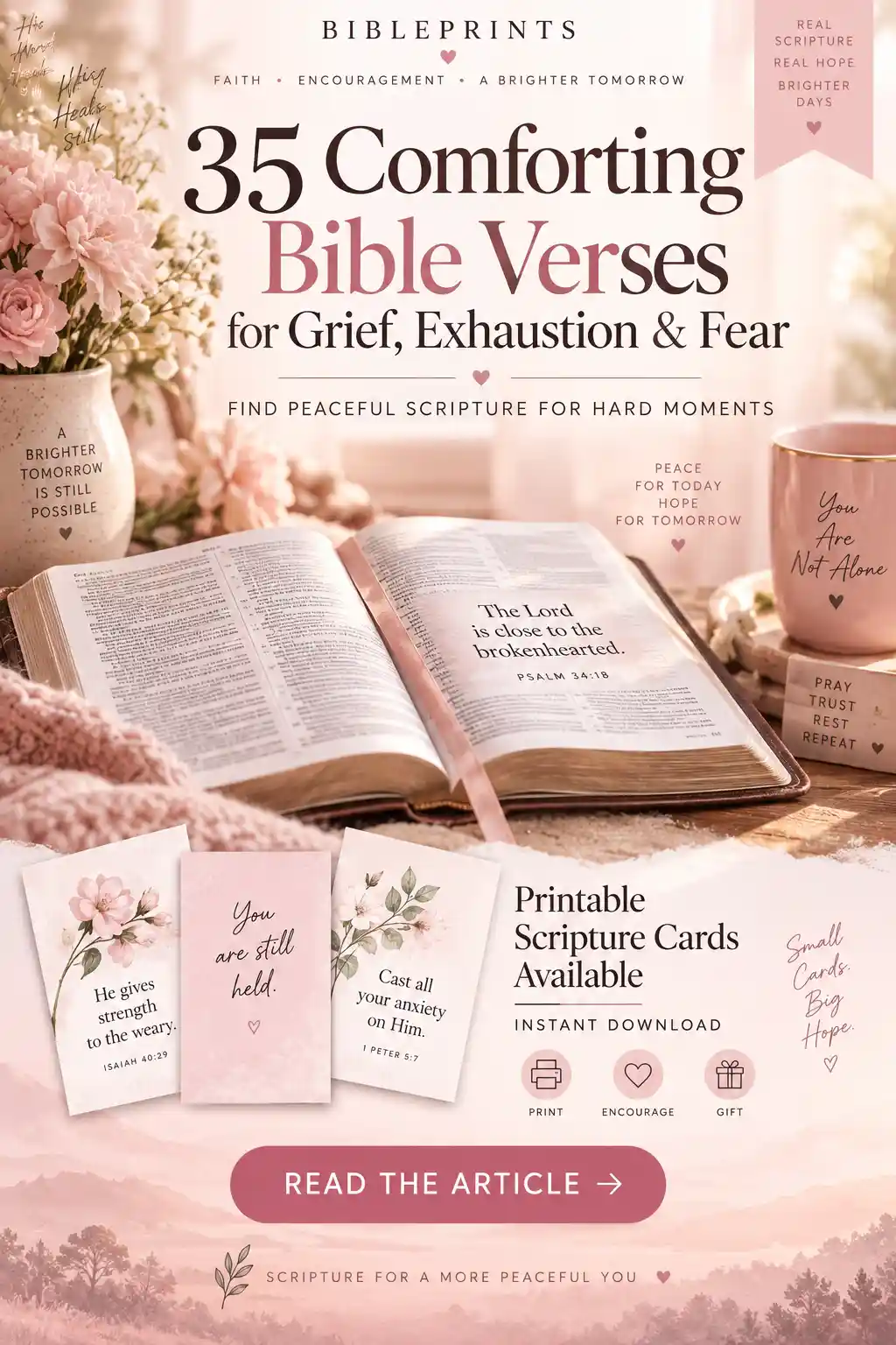 Comforting Bible verses for grief, hard times, fear and peace with an open Bible and printable Scripture cards