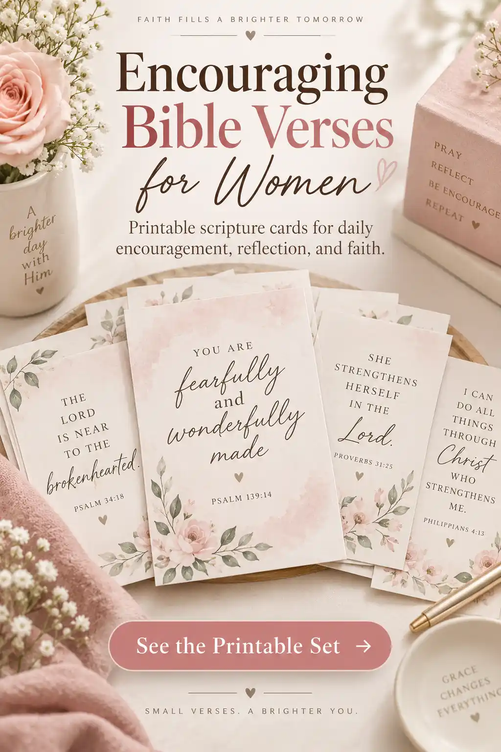 Encouraging Bible verses for women printable cards in a soft feminine Christian design