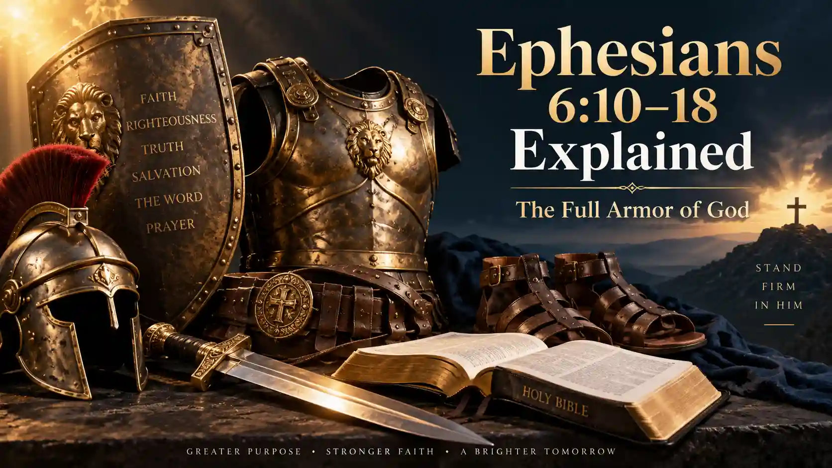 Armor of God scripture Ephesians 6:10–18 explained with Bible helmet shield breastplate sword and shoes