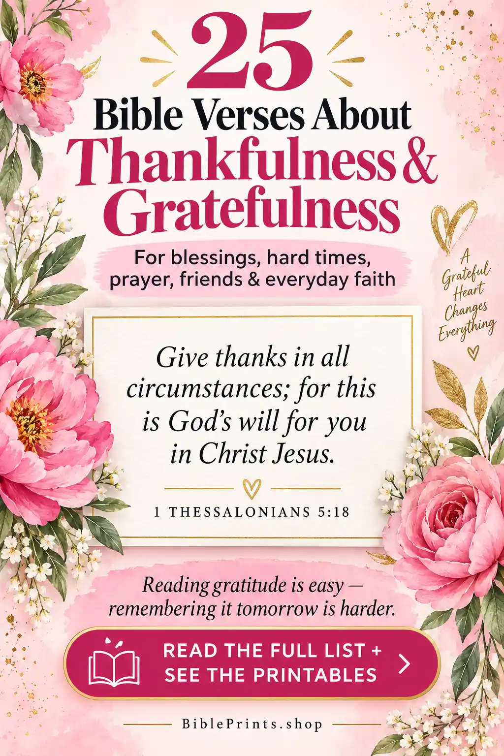 Give thanks to the Lord with 25 Bible verses for thankfulness including 1 Thessalonians 5:18