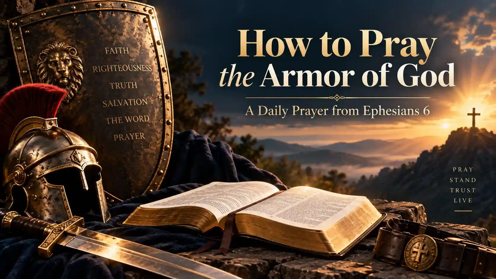 How to pray the Armor of God daily from Ephesians 6 with Bible shield helmet sword and cross