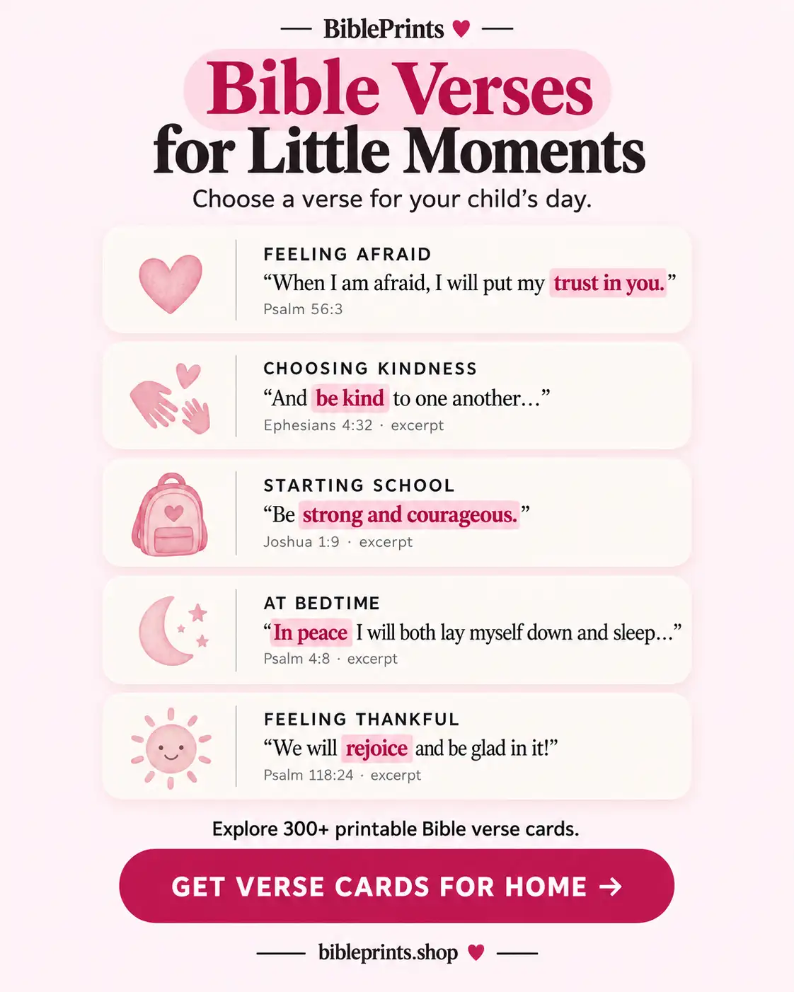 Bible verse chooser for kindergarteners about fear, kindness, school, bedtime, and gratitude