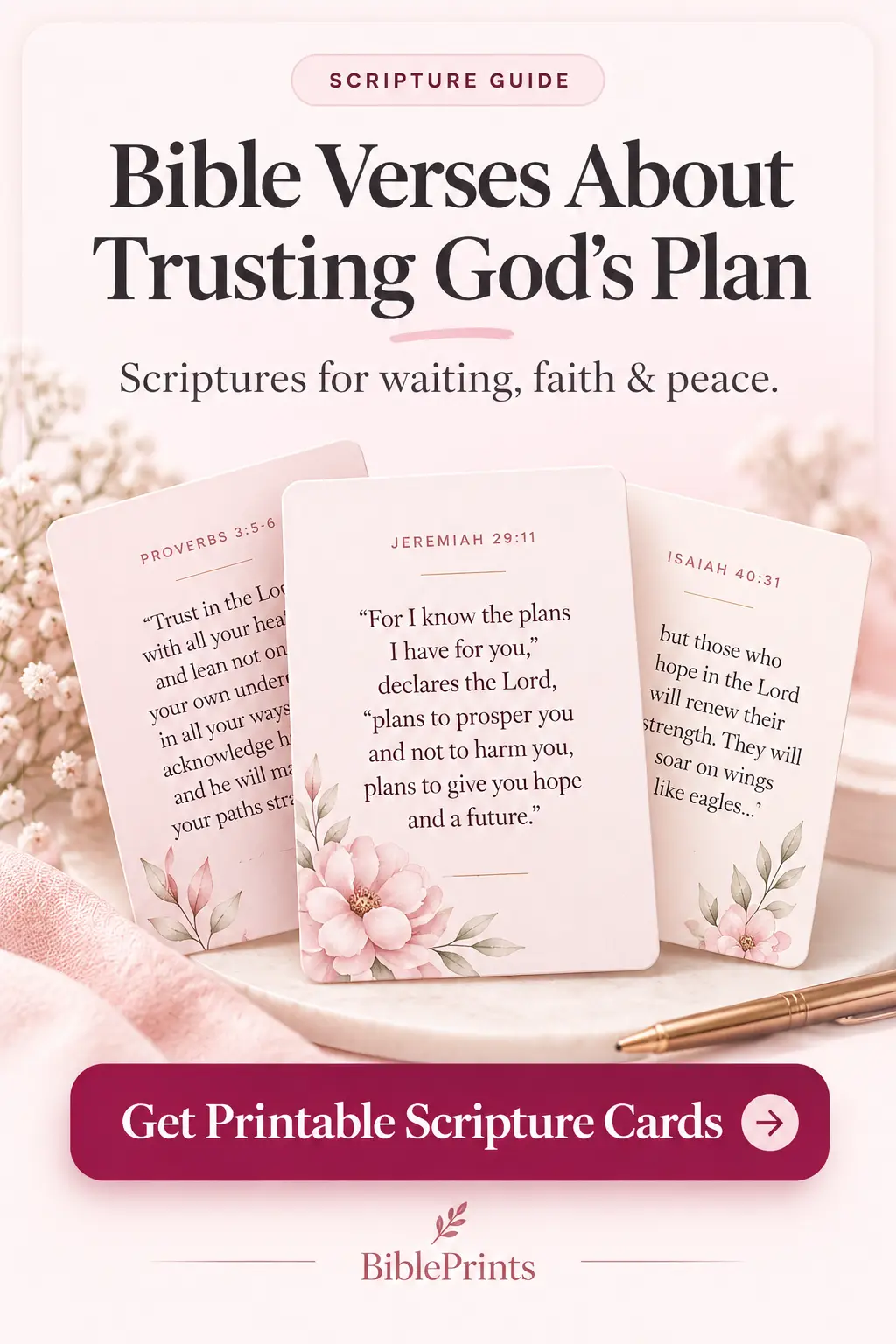 Bible verses about trusting God's plan and timing with pink printable Scripture cards