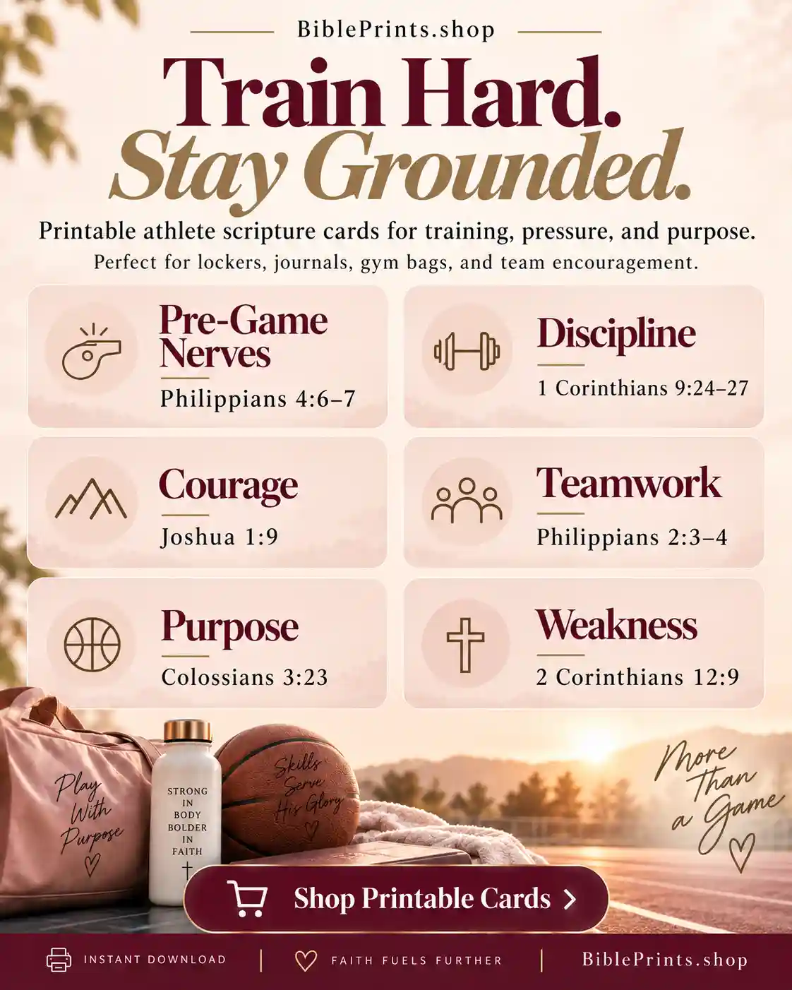 Train hard Christian athlete Bible verse graphic for strength, faith and sports motivation