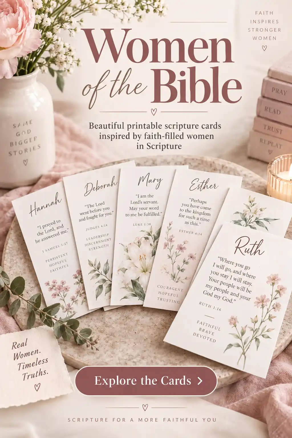 Women of the Bible scripture cards printable featuring Esther, Ruth, Mary, Deborah and Hannah